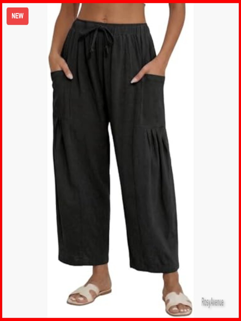 Womens Linen Wide Leg Palazzo Pants Cotton Blend Drawstring Pockets Easy Care